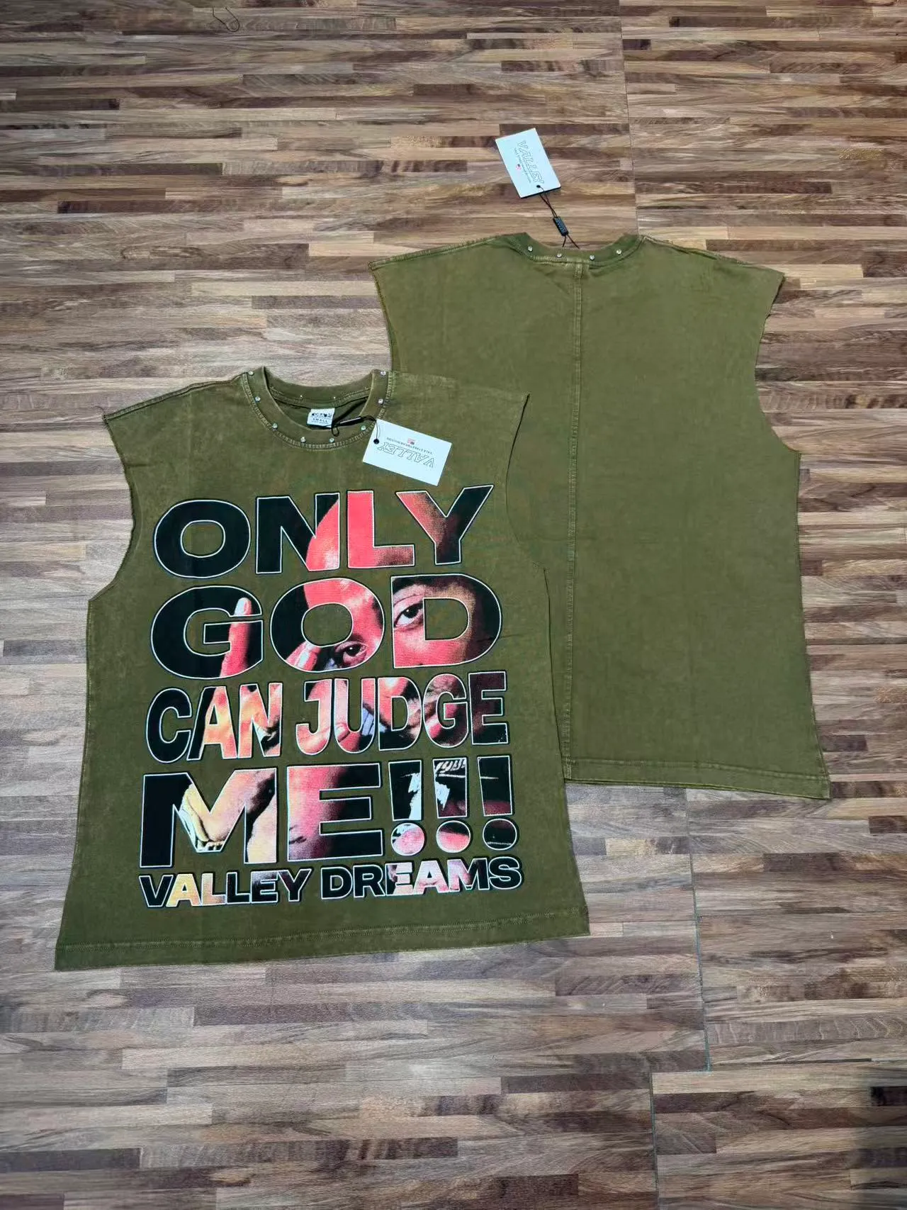 Army Green Black Sleeveless Graphic-Print Vest Top