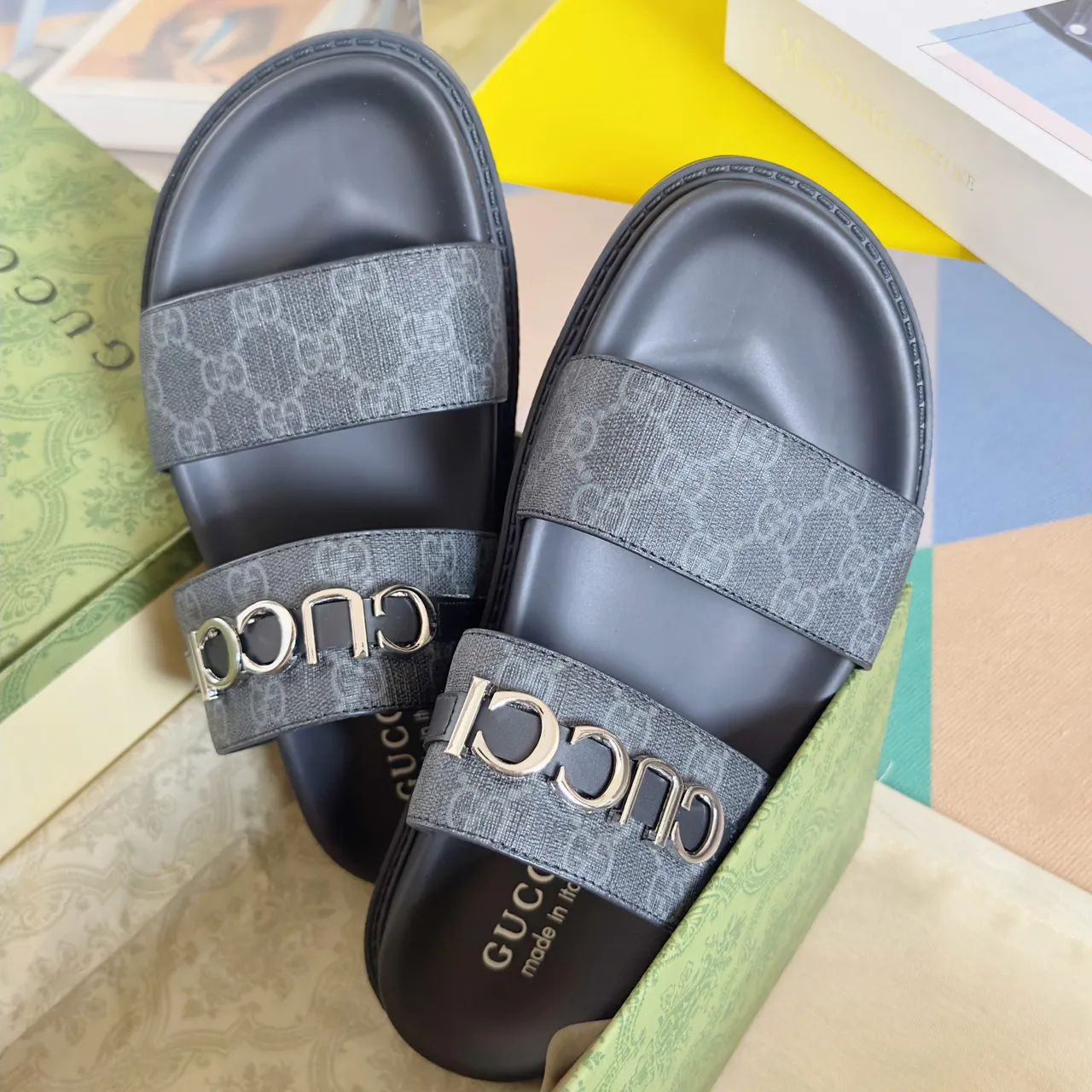 Gucci Ophidia Black Gold Embossed GG Monogram Interlocking G Buckles Casual Sandals