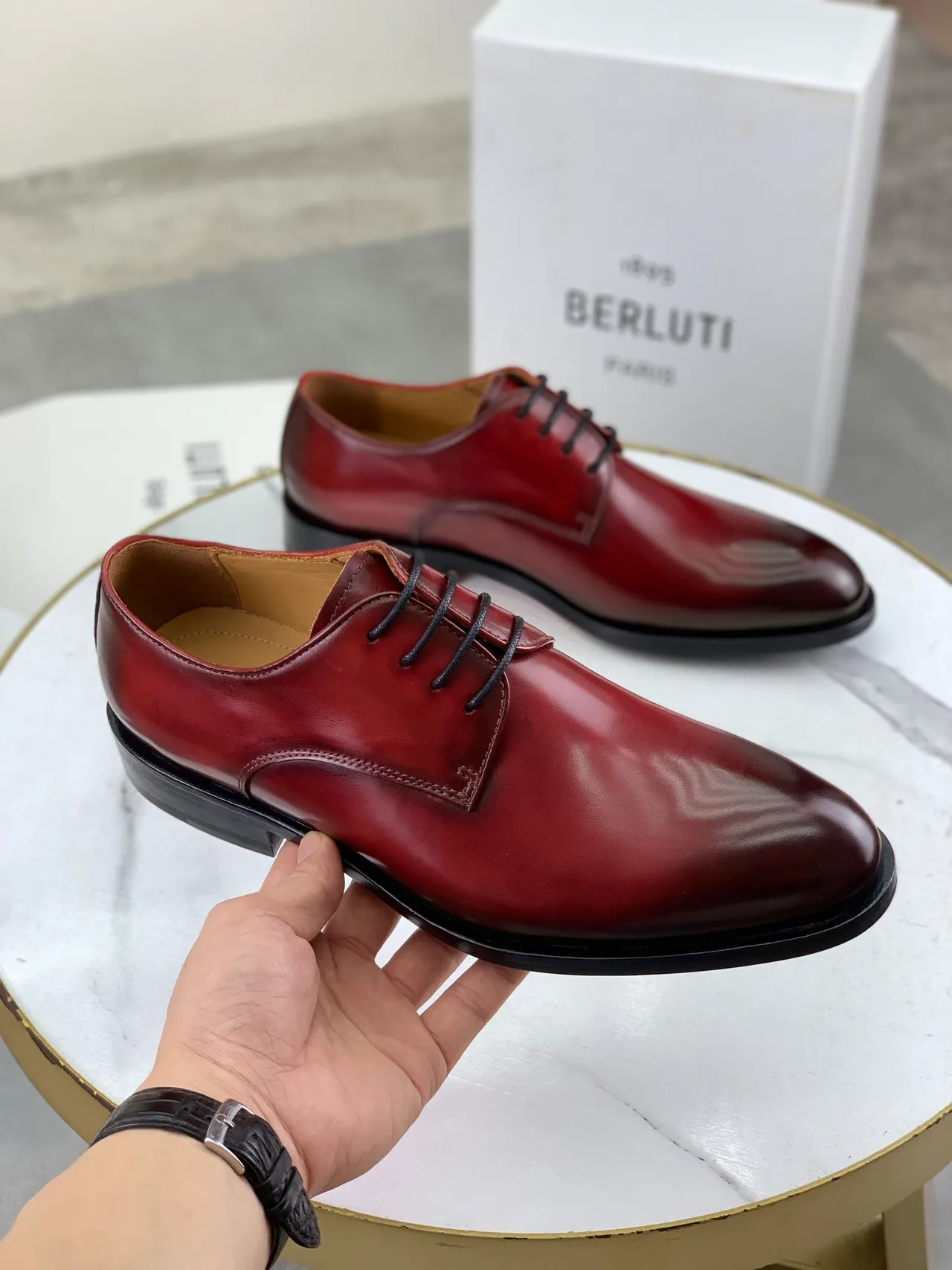 BERLUTI Burgundy Black Polished Leather Cap Toe Oxford Shoes