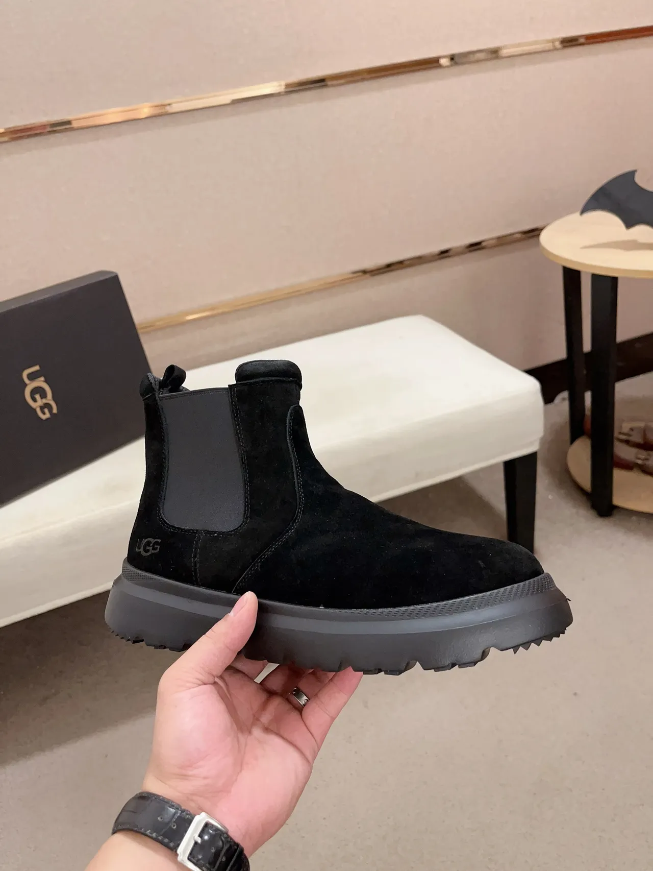 UGG Tasman Black Gray Suede Upper Elastic Side Gussets Chelsea Boots