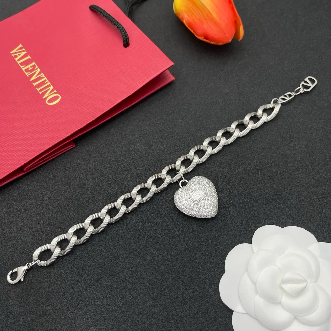 Valentino Silver White Twisted-Link Chain Pavé-Set Heart Pendant Bracelet