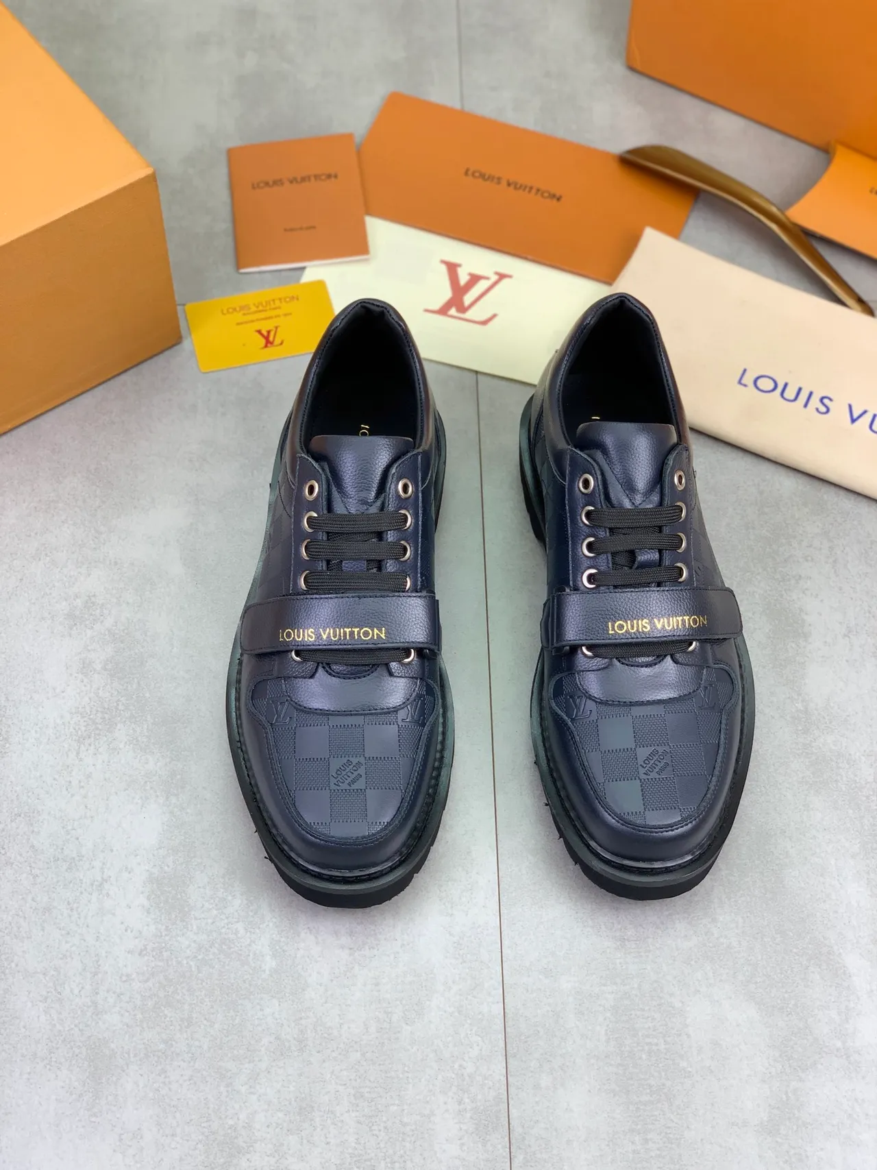 Louis Vuitton Run Away Navy Black Checkered Leather Dual Lace-and-Strap Closure Casual Shoes