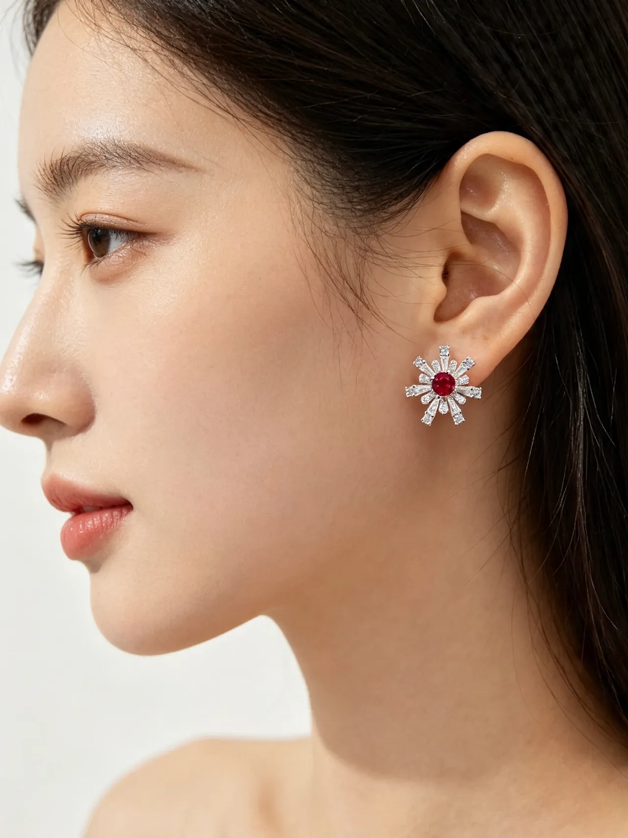 Snowflake-Style Red Gemstone and Diamond Brooch