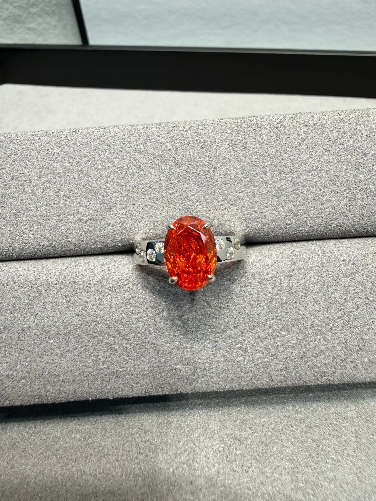 Orange Silver Oval-Cut Center Stone Four-Prong Solitaire Setting Ring