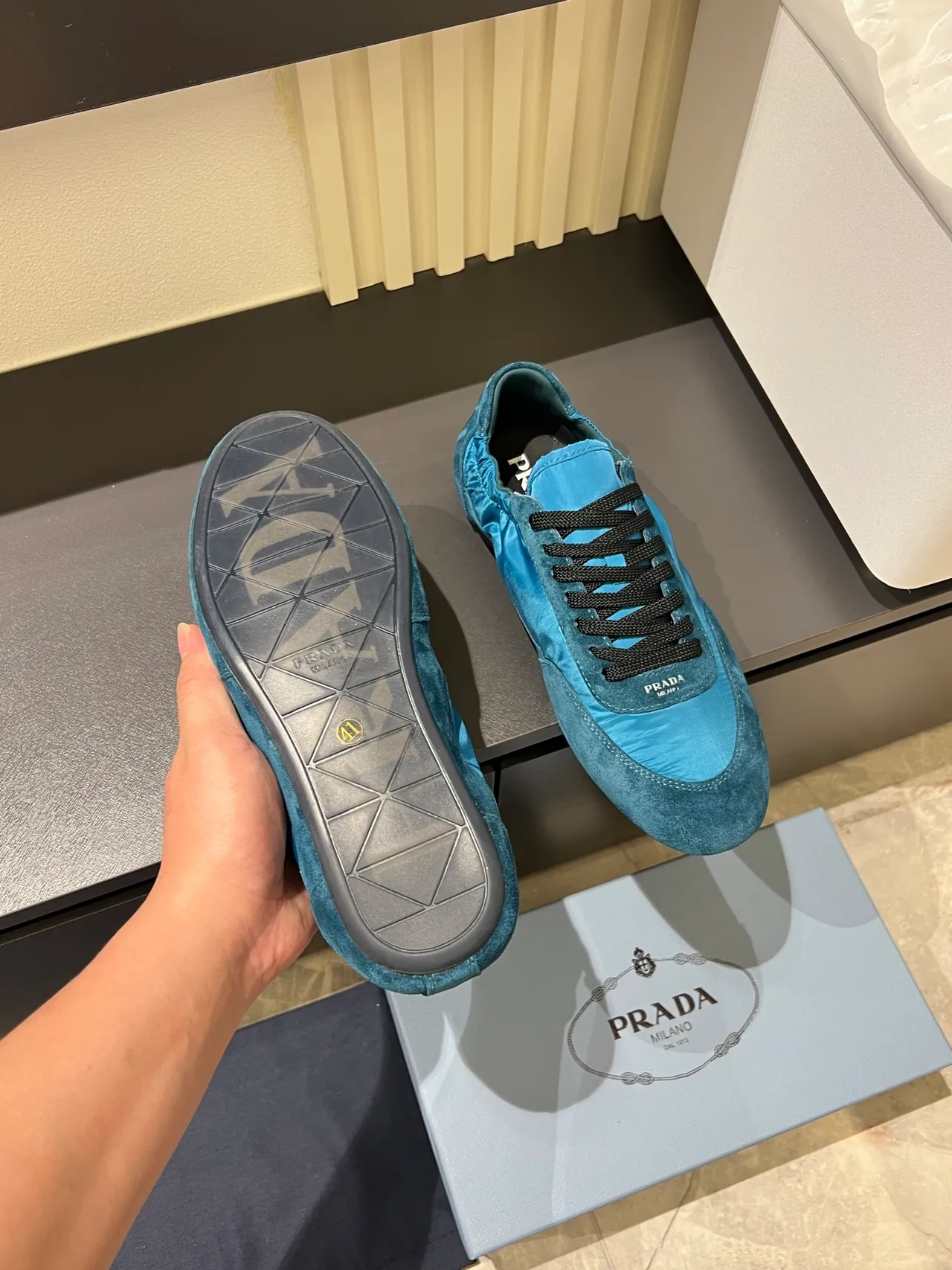 Prada Blue Black Mixed-Material Upper Suede And Nylon Paneling Lifestyle Sneakers