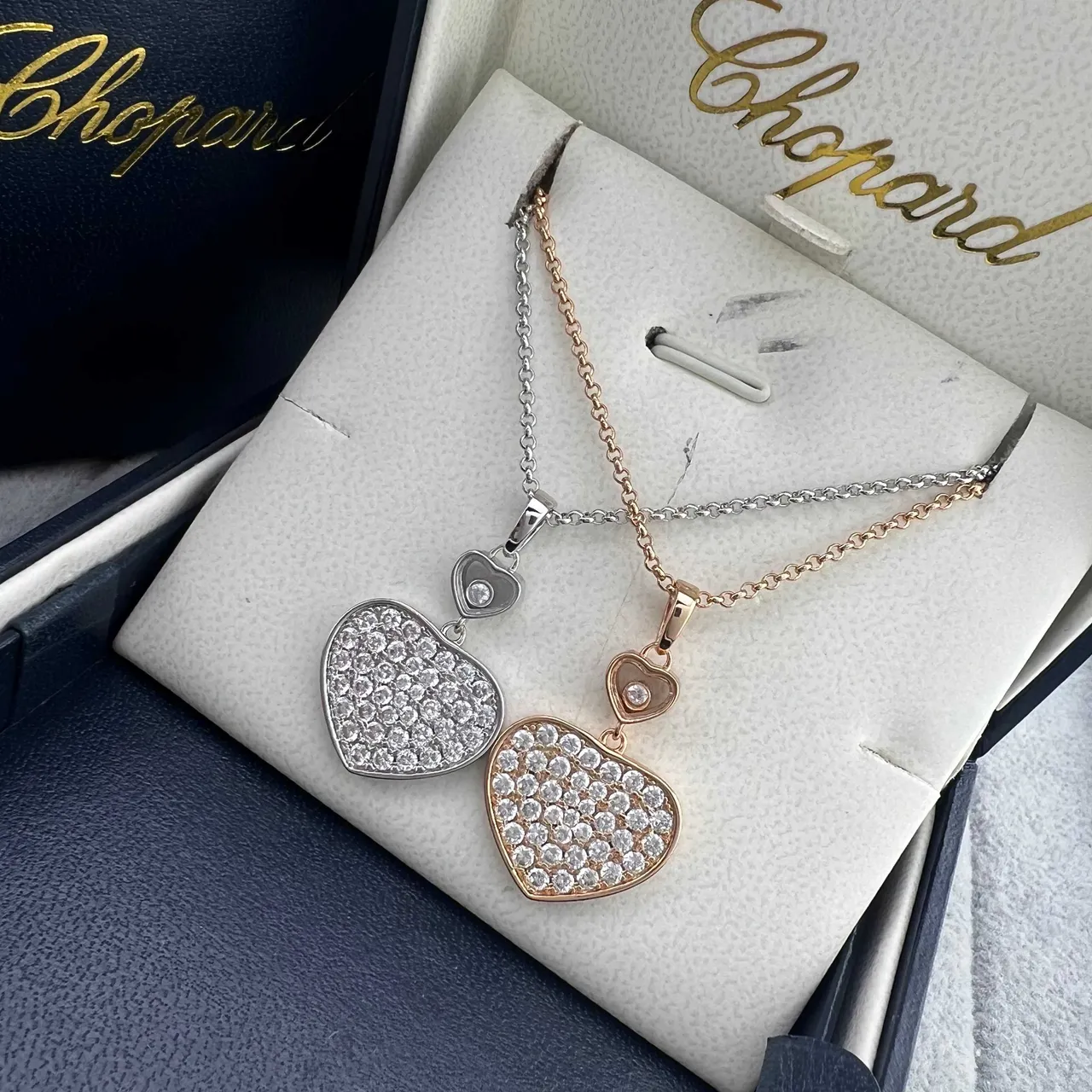 Chopard Happy Hearts Gold Silver Pavé-Set Heart Pendants Floating Motif Necklace