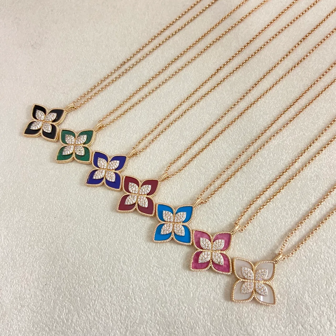 Floral Quatrefoil Enamel and Crystal Pendant Necklaces