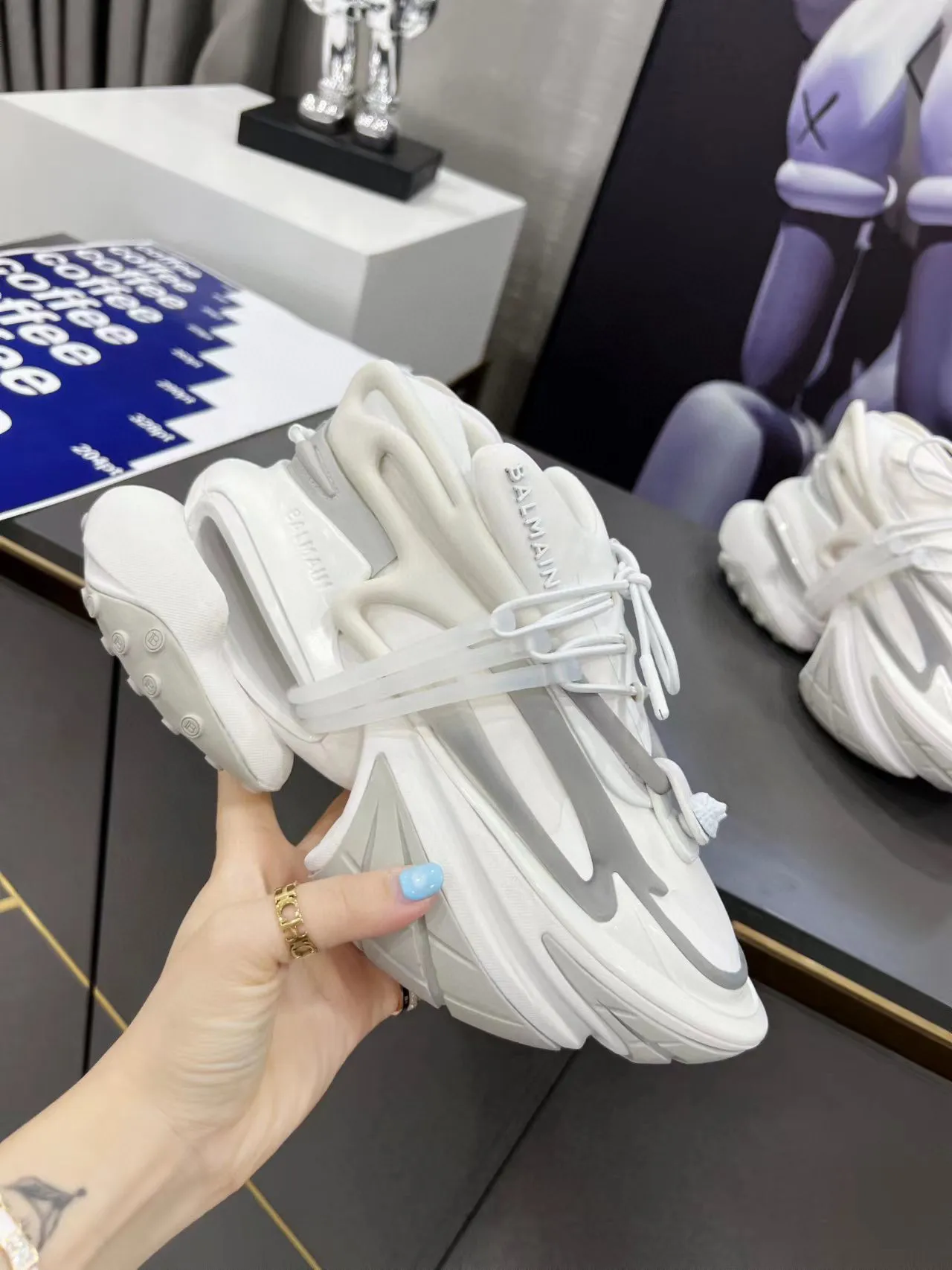 Balmain White Gray Sculpted Sole Asymmetrical Lacing Chunky Sneakers