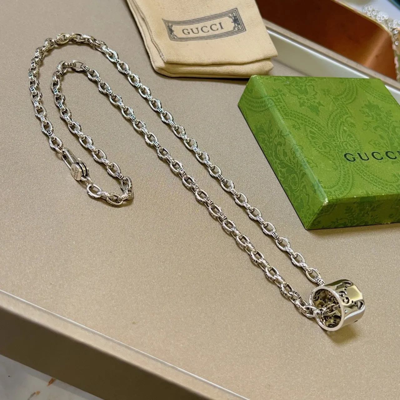 Gucci Silver Engraved Link Chain Necklace