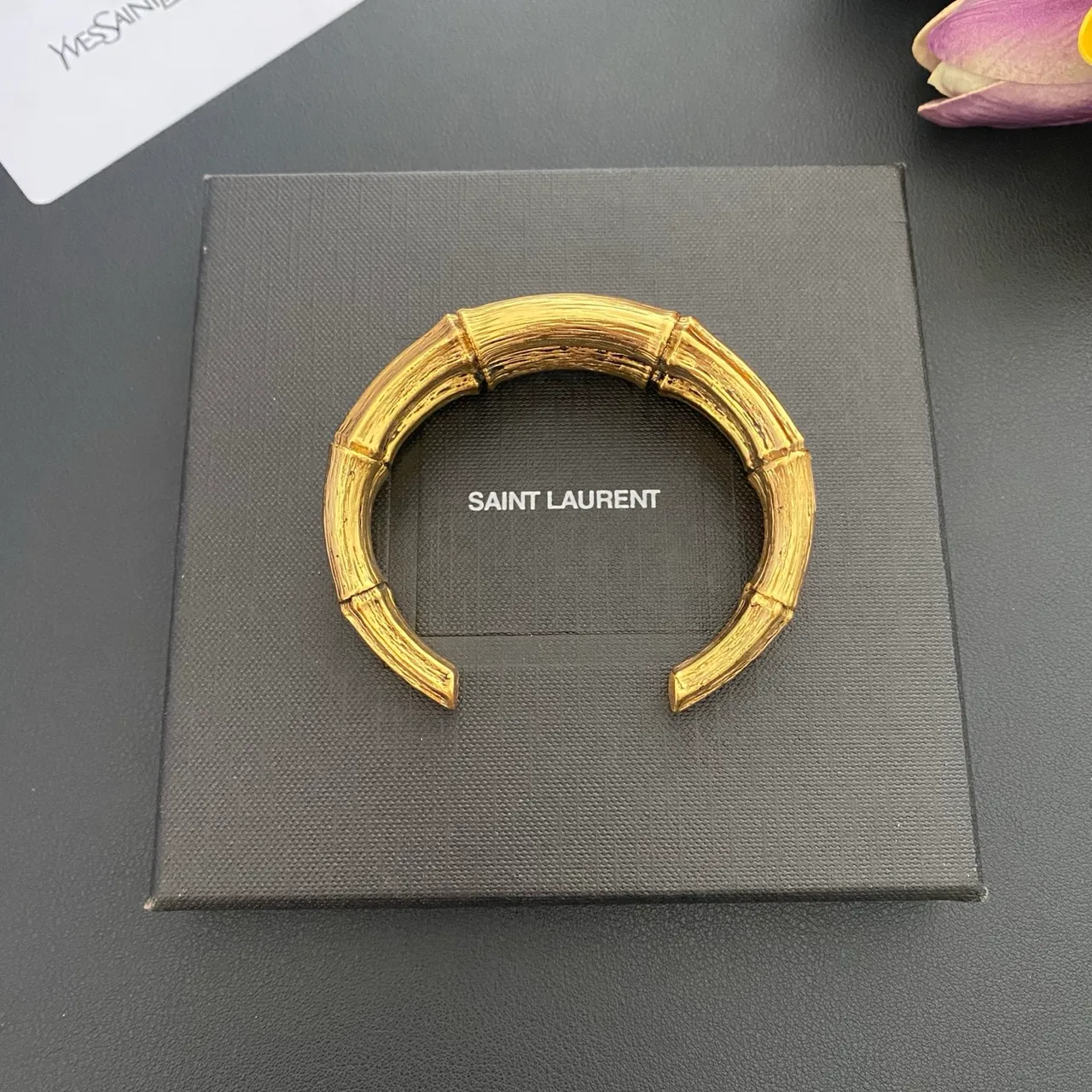 Saint Laurent Bamboo Open Cuff Gold Bracelet