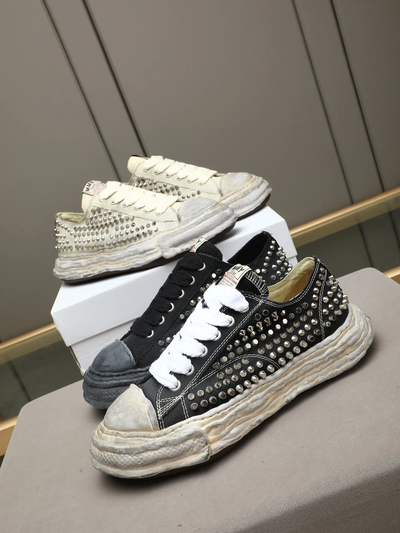 Maison Margiela Beige Silver Studded Canvas Layered Rubber Sole Lifestyle Sneakers
