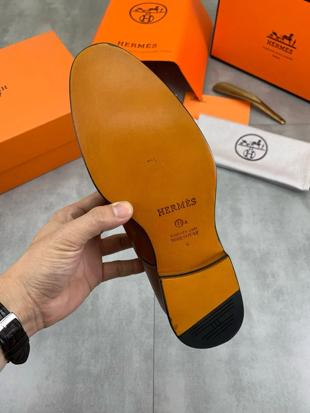 Hermès Brown Black Single-Strap Polished H-Buckle Monk Shoes