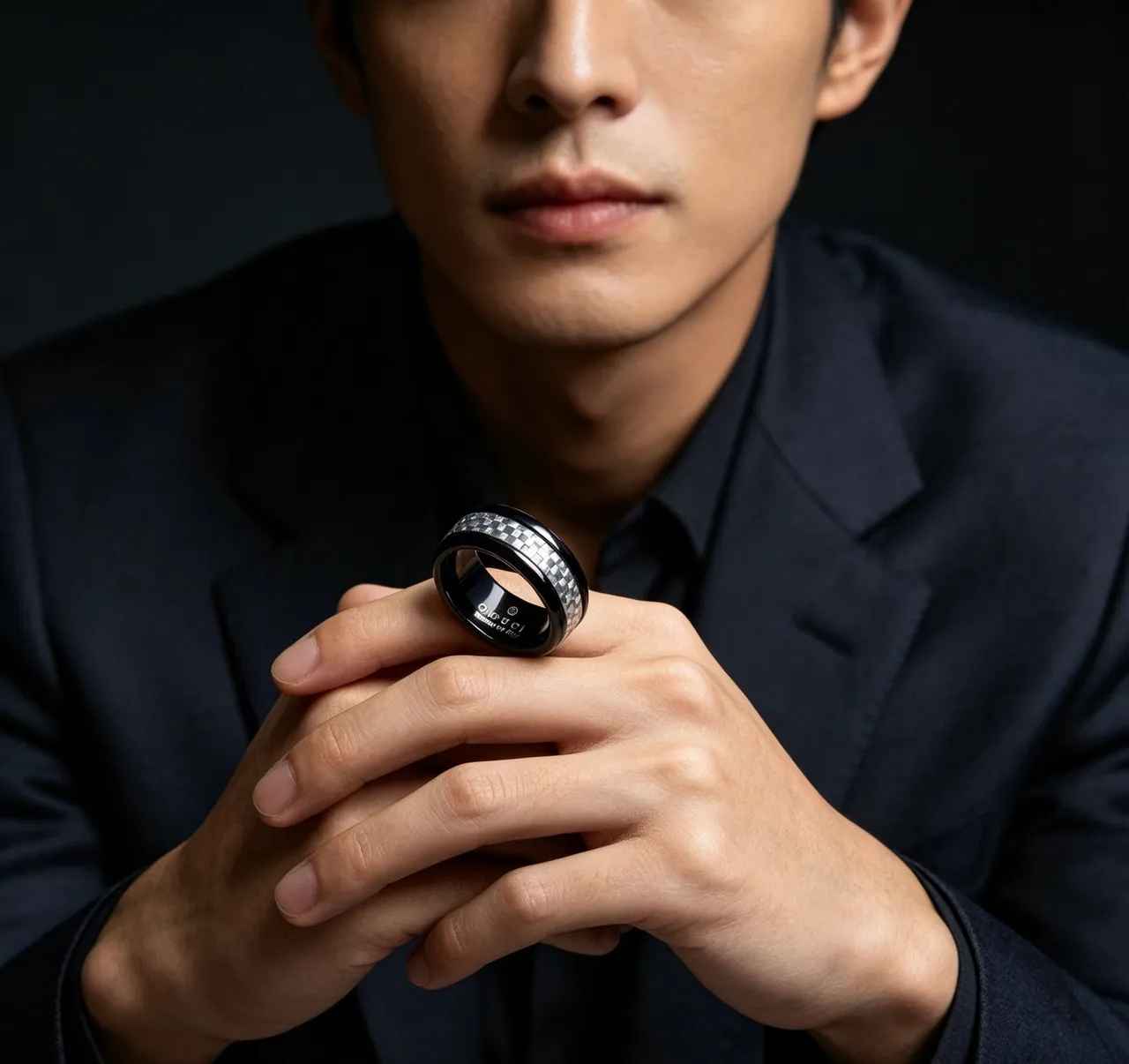 Gucci Mosaic Black Silver Ceramic Checkered Inlay Ring