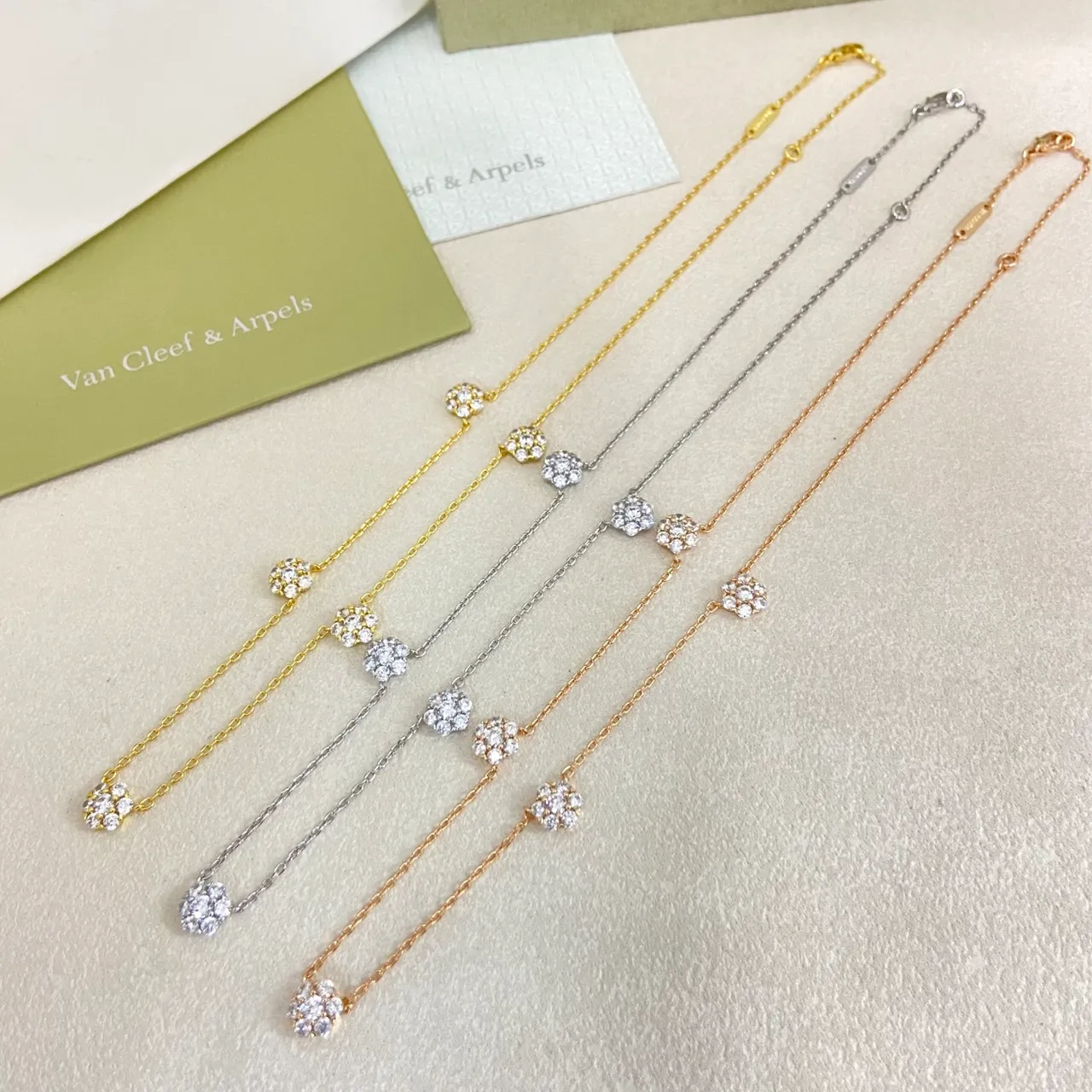 Van Cleef & Arpels Gold Silver Floral Cluster Pendant Multi-Stone Pavé Setting Necklace