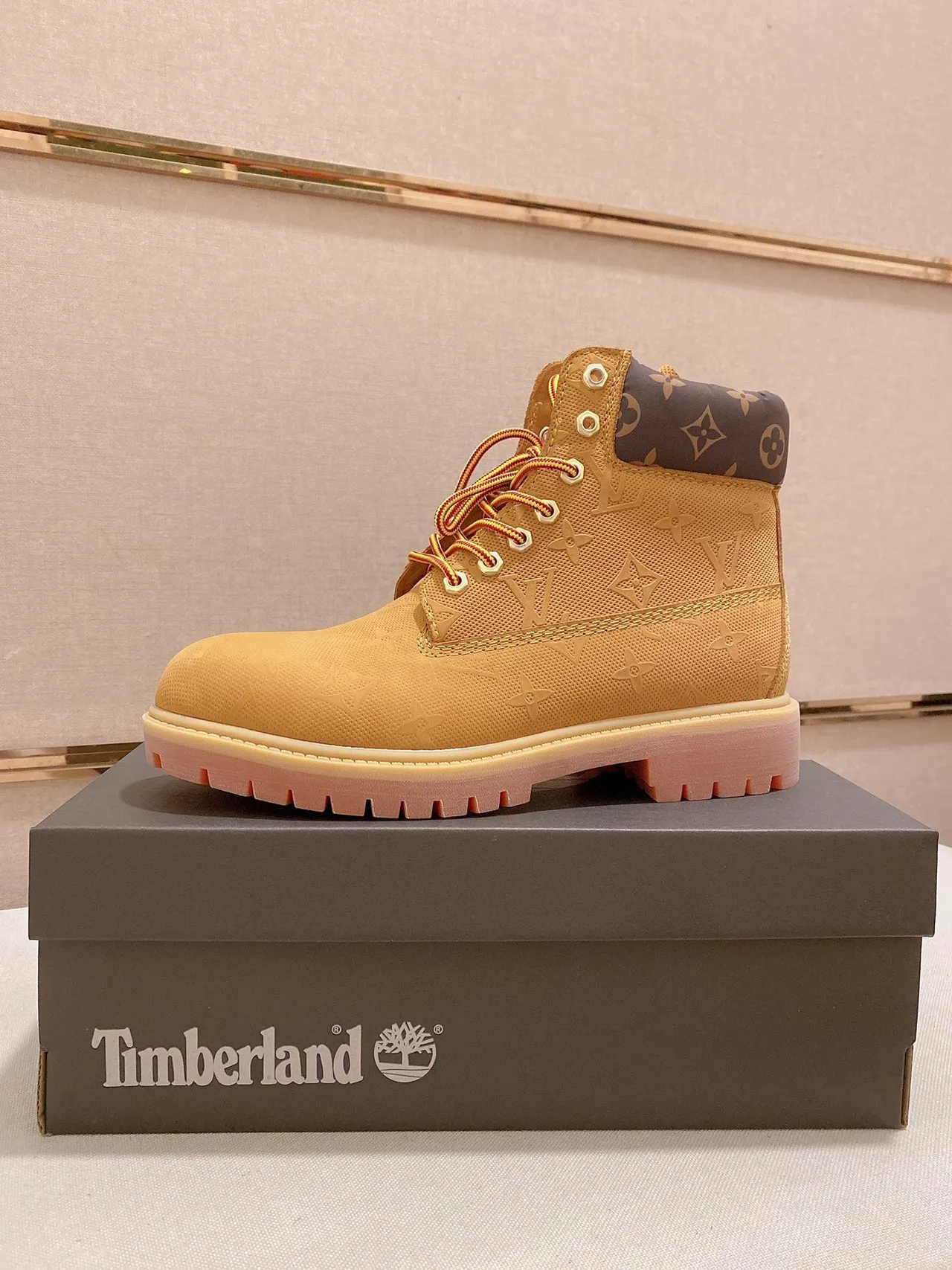 Timberland Beige Pink Monogrammed Textile Upper Padded Collar Work Boots
