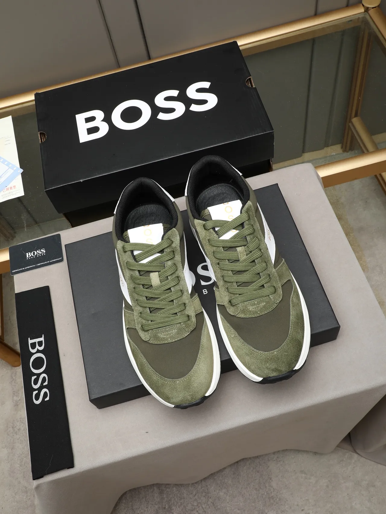 Hugo Boss Army Green White Olive Suede Side Stripe Sneakers