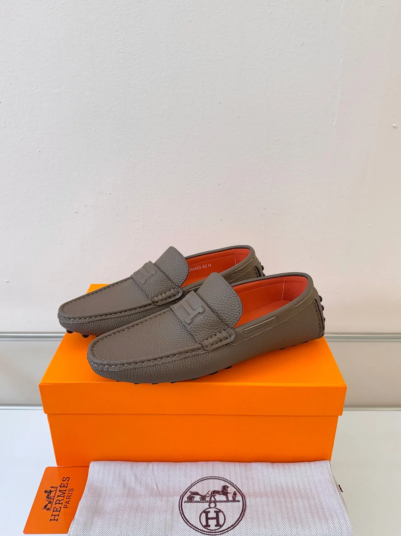 Hermès Oran Brown Orange Pebbled Leather H-Strap Loafer