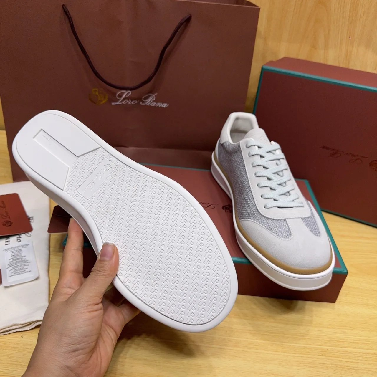 Loro Piana Gray Beige Woven Textile Upper Suede Overlays Lifestyle Sneakers