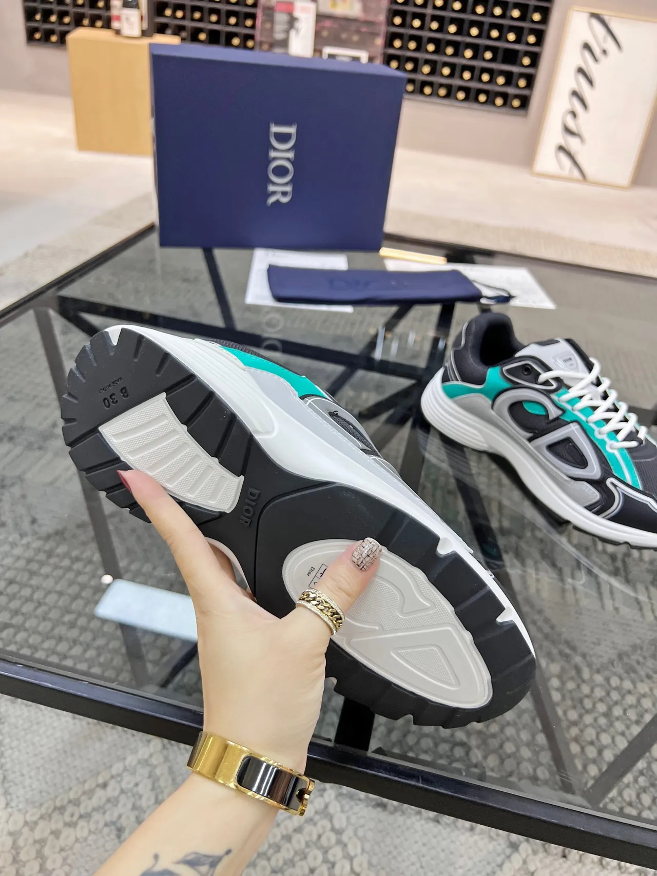 Dior B23 Black Blue Sole Layered Mesh And Synthetic Overlays Chunky Sneakers