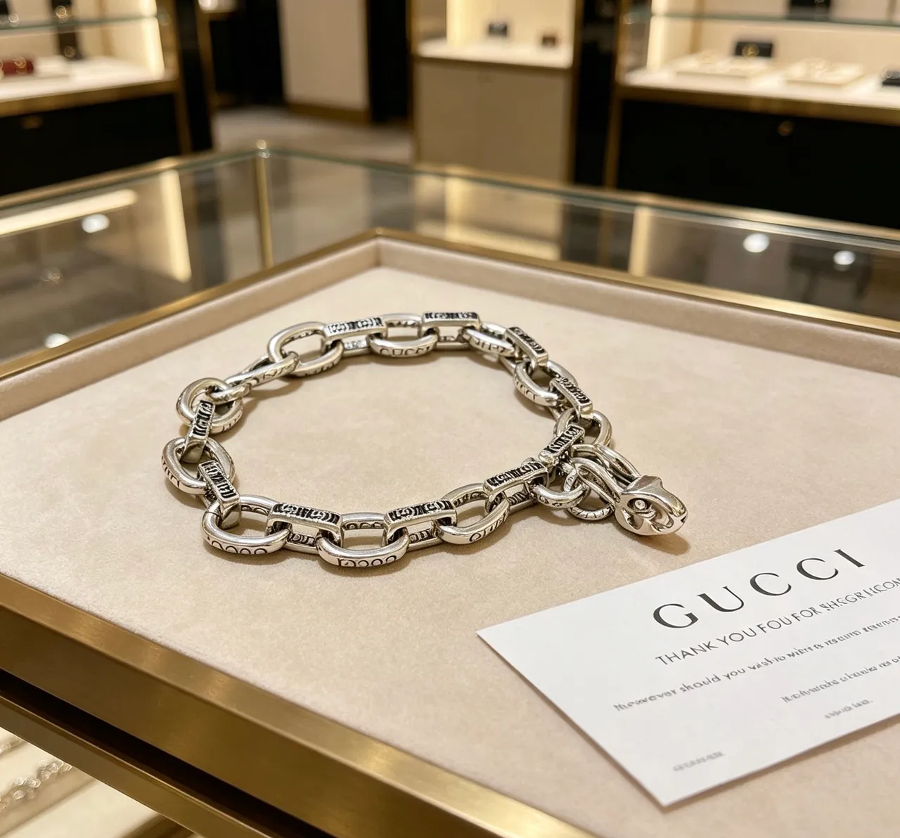 Gucci Iconic Snake Chain Engraved Silver Bracelet