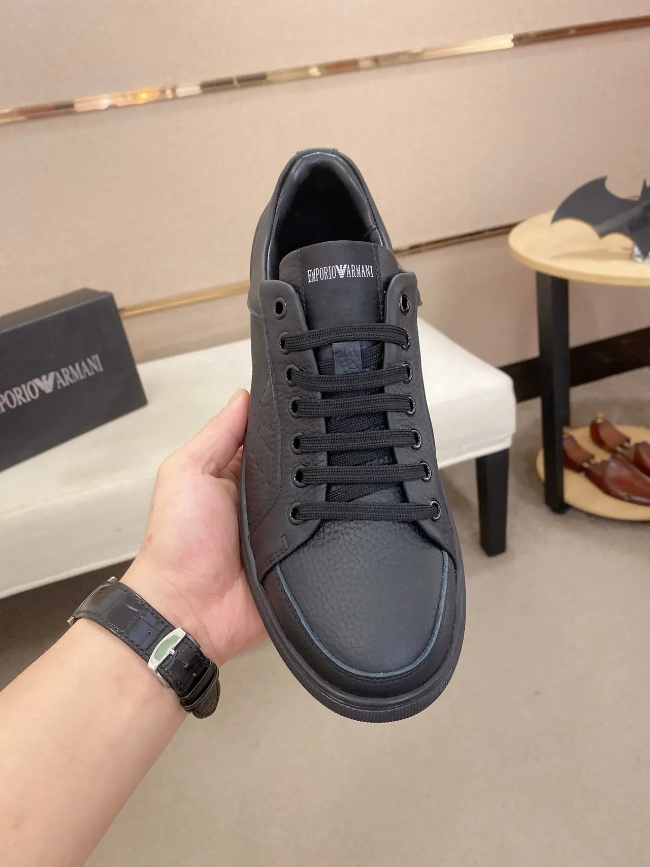 Emporio Armani Black Leather Eagle Logo Lifestyle Sneakers