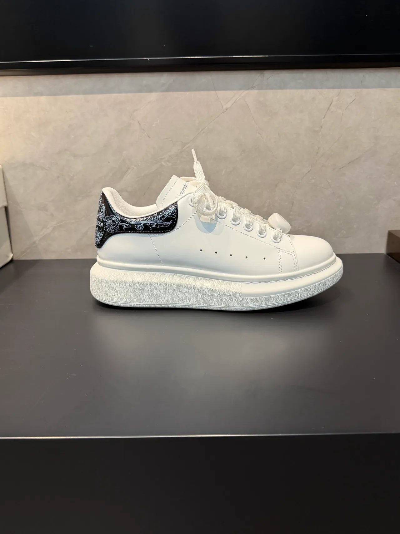 Alexander McQueen Oversized Sneaker White Black Platform Sole Floral-Embroidered Heel Tab Lifestyle Sneakers