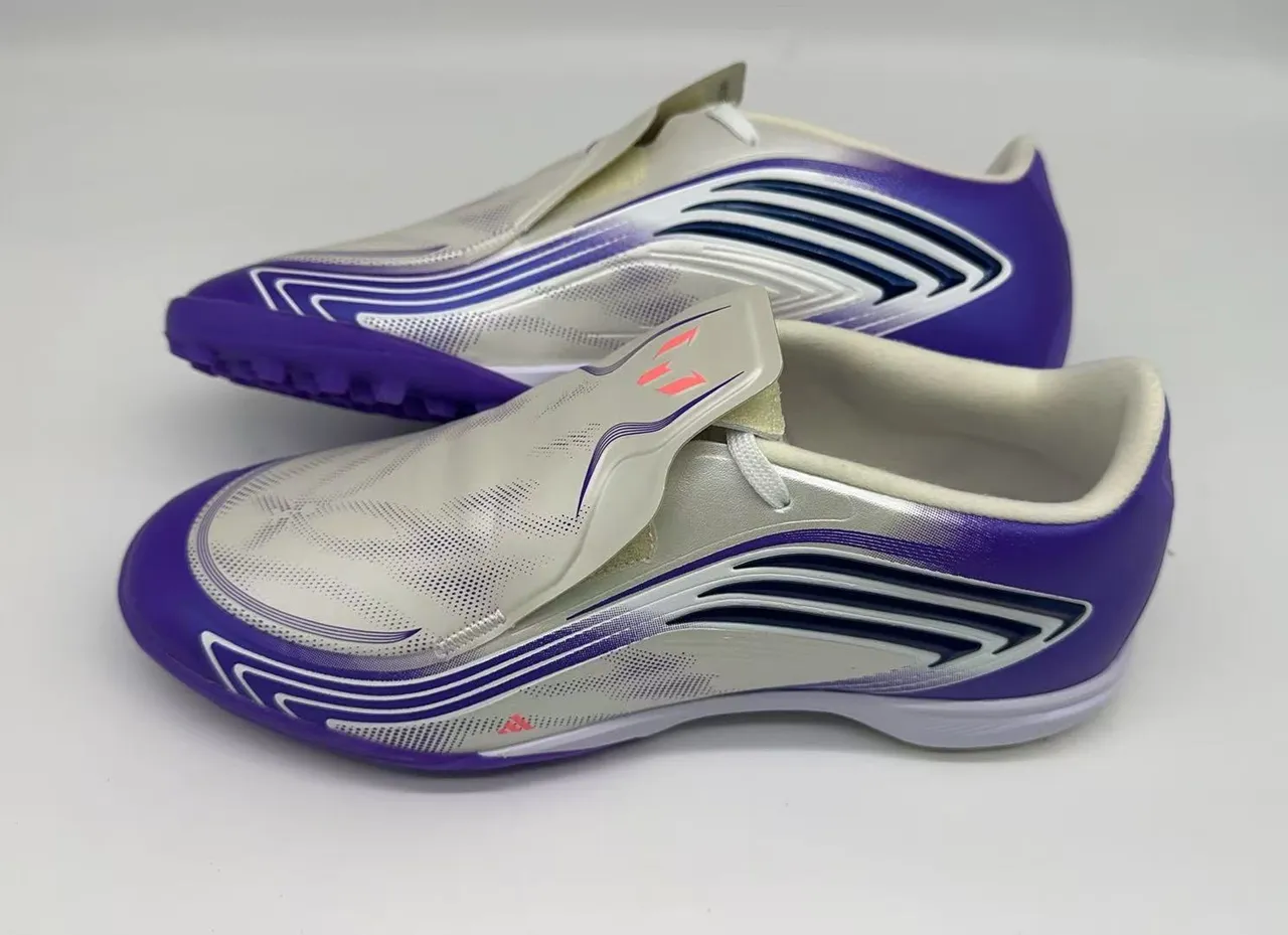 Adidas White Purple Laceless Slip-On Perforated Synthetic Upper Turf Soccer Shoes
