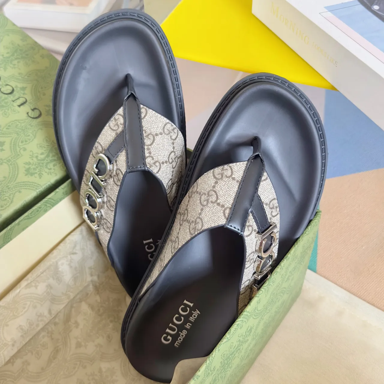Gucci Ophidia Black Gold Embossed GG Monogram Interlocking G Buckles Casual Sandals