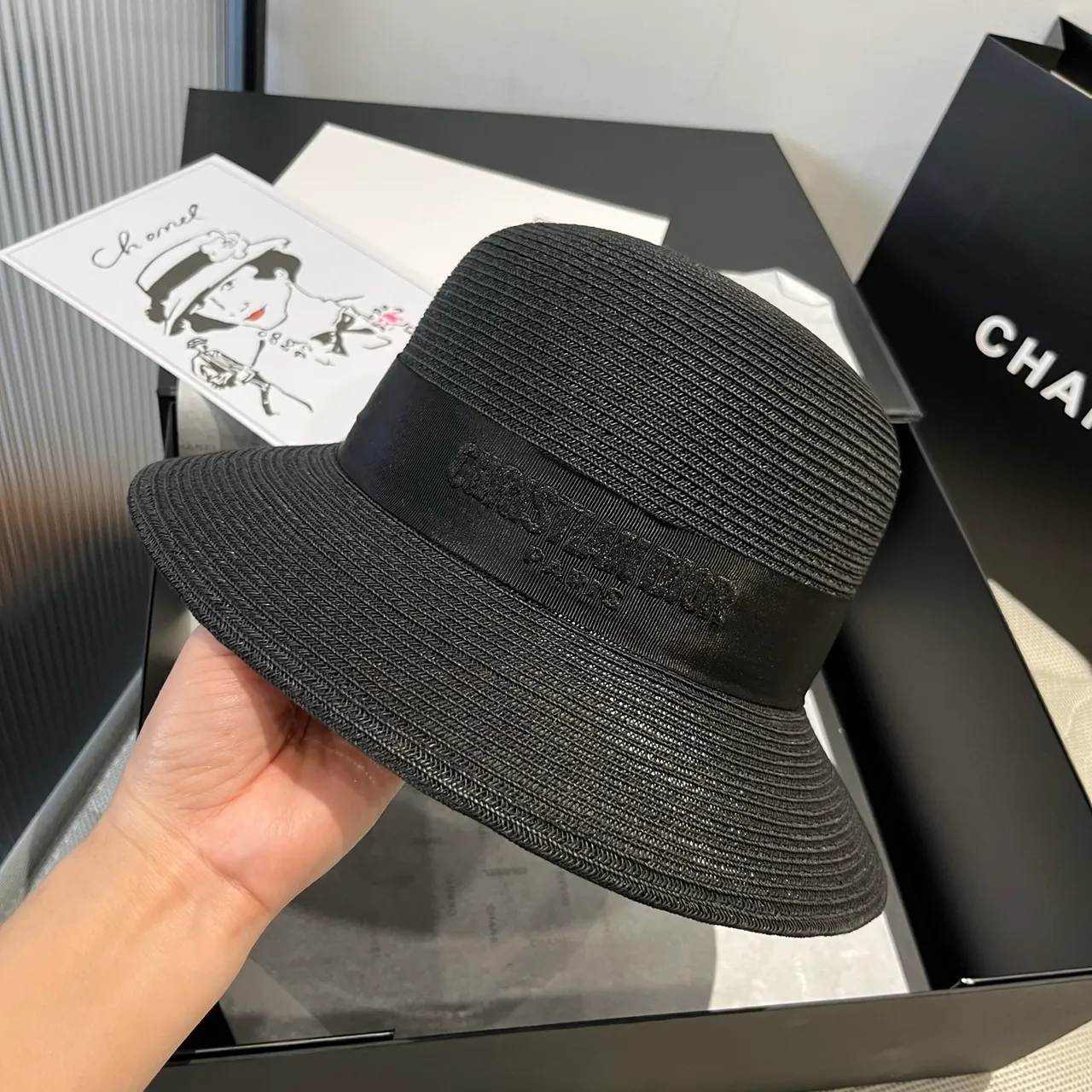 Dior Black Woven Straw-Like Texture Pinched Crown Fedora