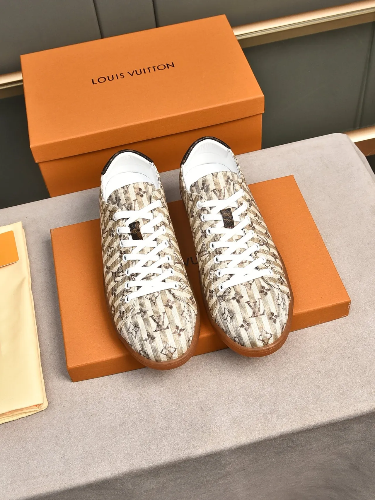 Louis Vuitton Beige Brown Monogram Stripe Canvas Gum Rubber Sole Lifestyle Sneakers