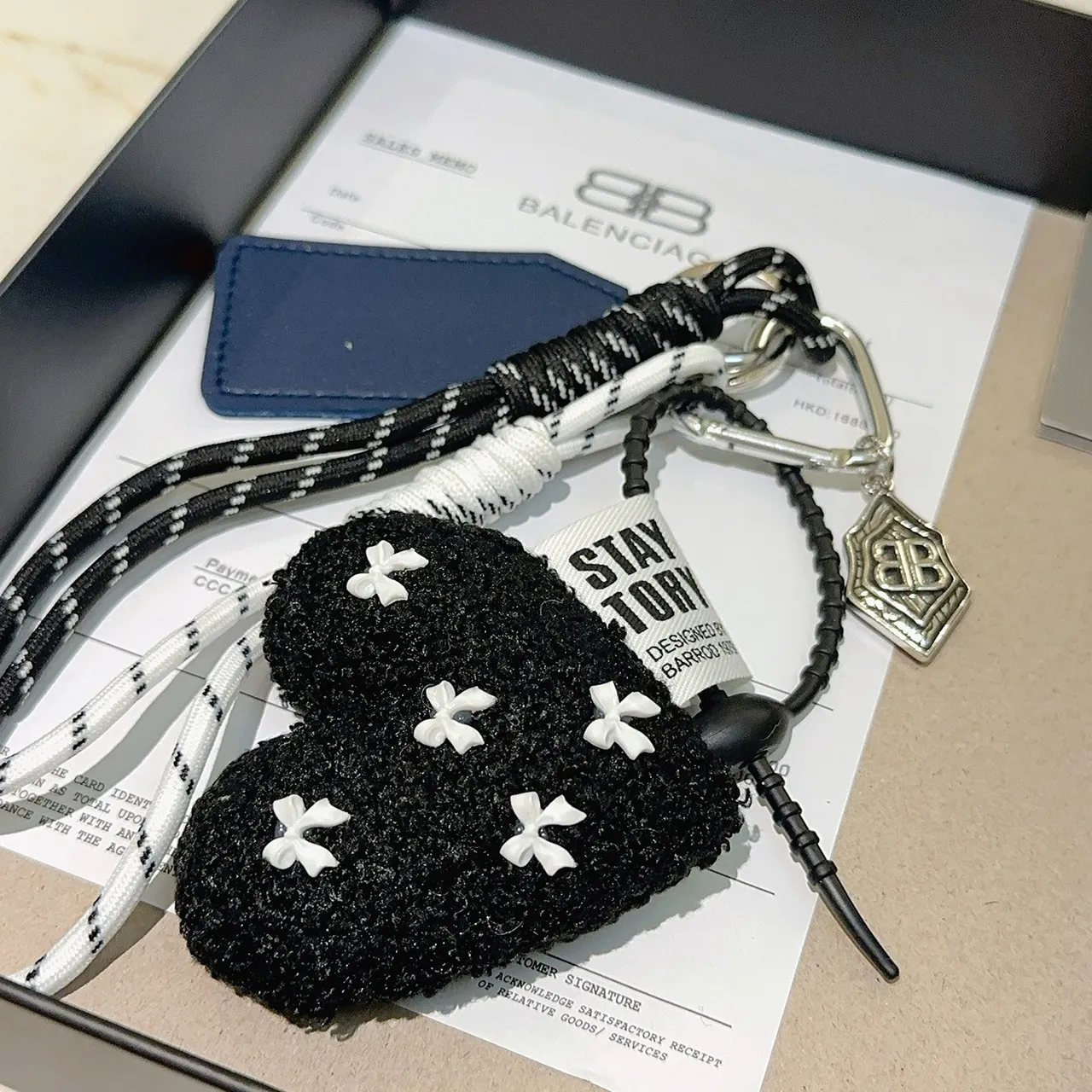 Balenciaga Black Navy Rope Lanyard Bouclé Charm Phone Accessory