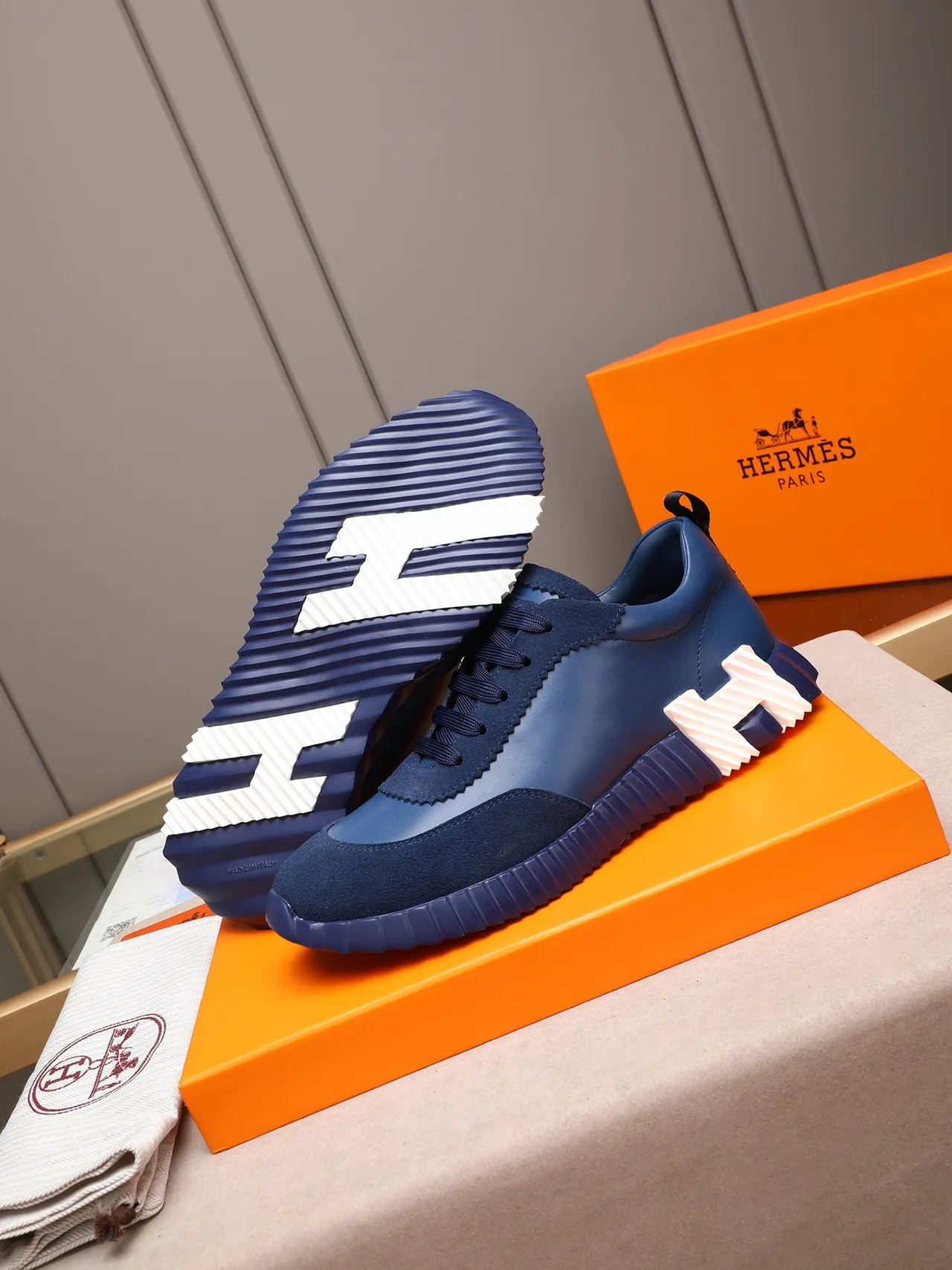 Hermès H-Ride Navy White Blue Leather-Suede Hybrid Upper Scalloped Collar Detail Lifestyle Sneakers