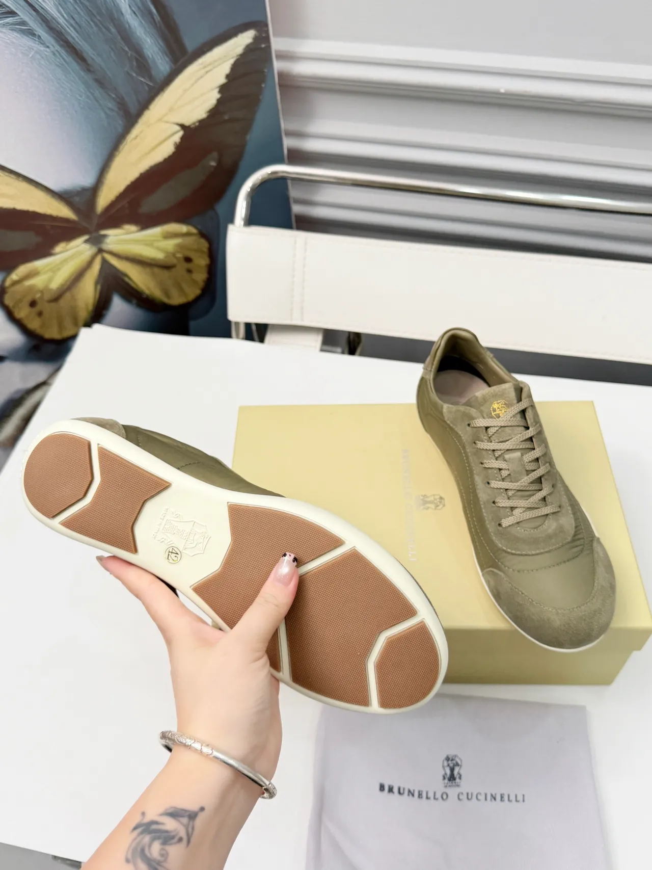 Brunello Cucinelli Olive Green Suede and Textile Lifestyle Sneakers
