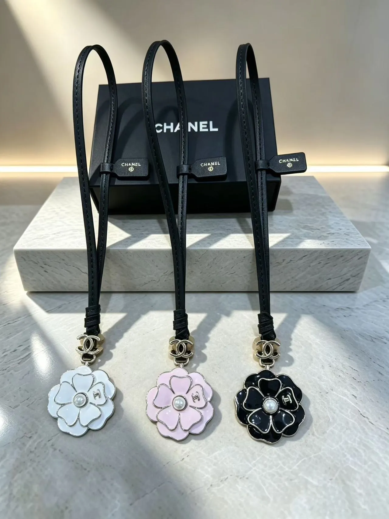 Chanel Camellia Charm Black Multicolor Enamel Pendant Pearl Center Handbag