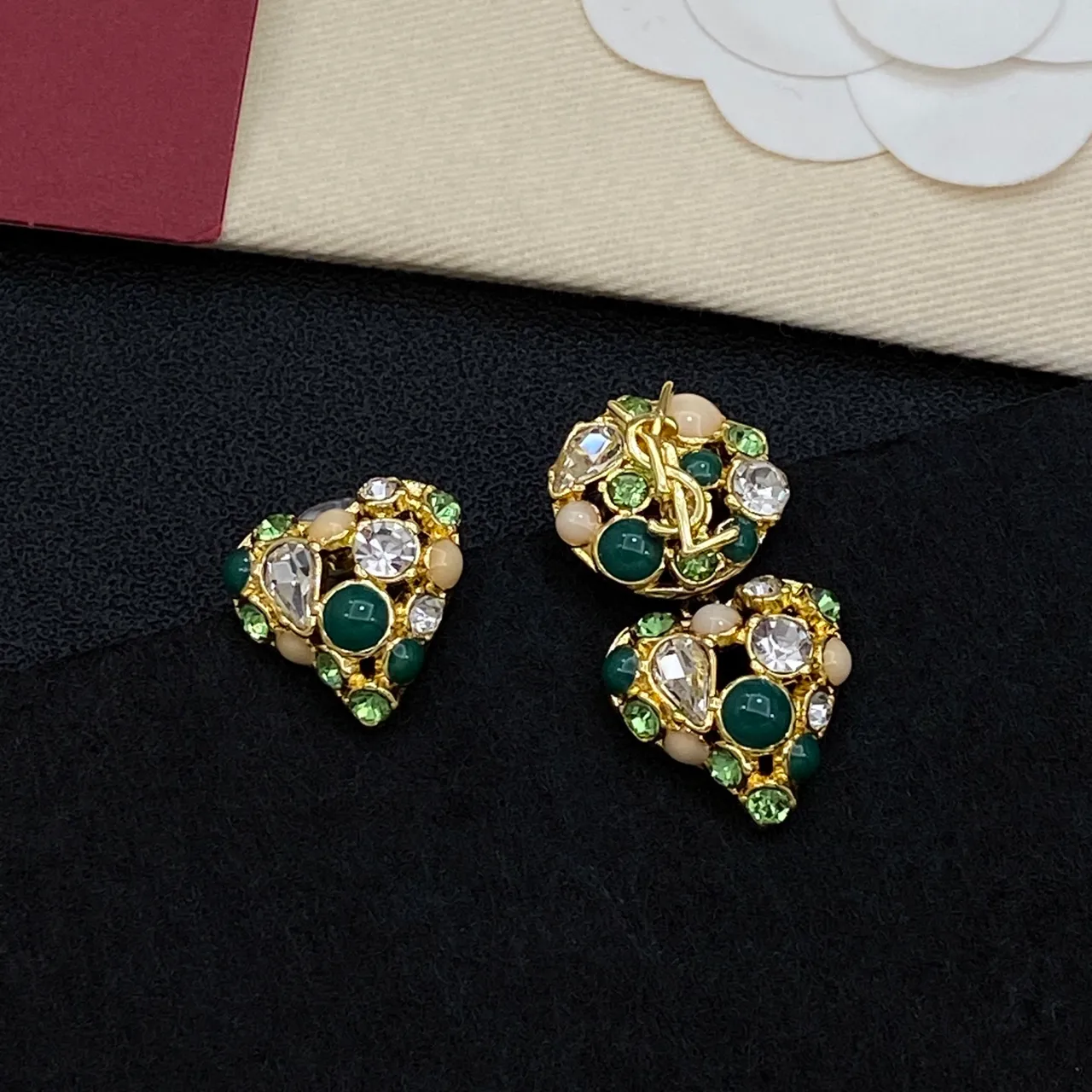 Chanel Green Gold Heart-Shaped Cluster-Set Earrings