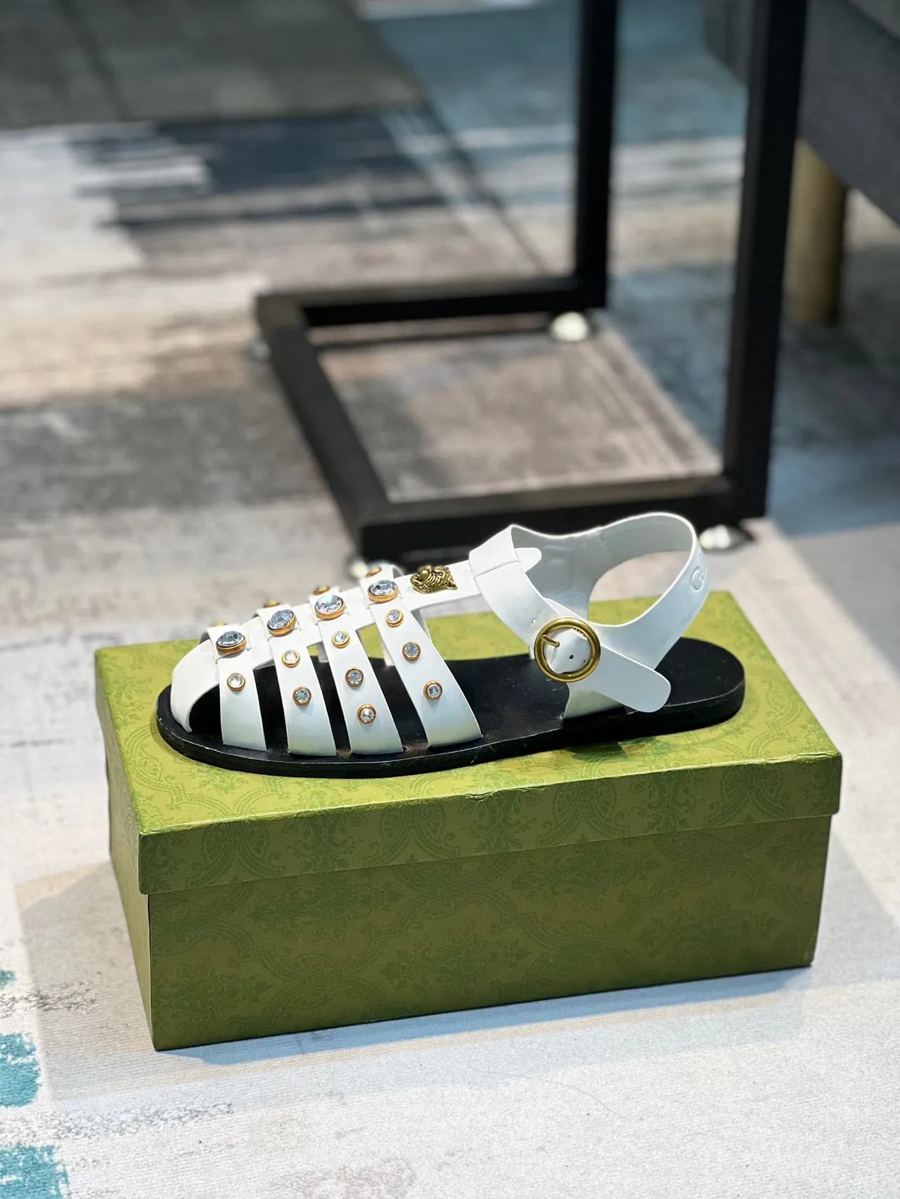 Gucci Gladiator Sandal White Gold Multi-Strap Studded Gladiator Sandals