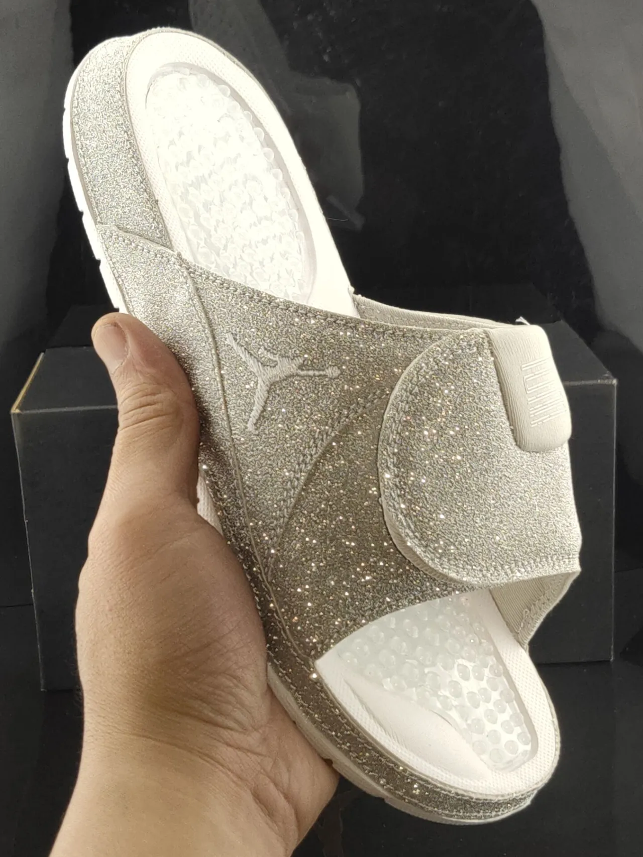 Air Jordan Silver White Glitter Upper Molded Footbed Slippers