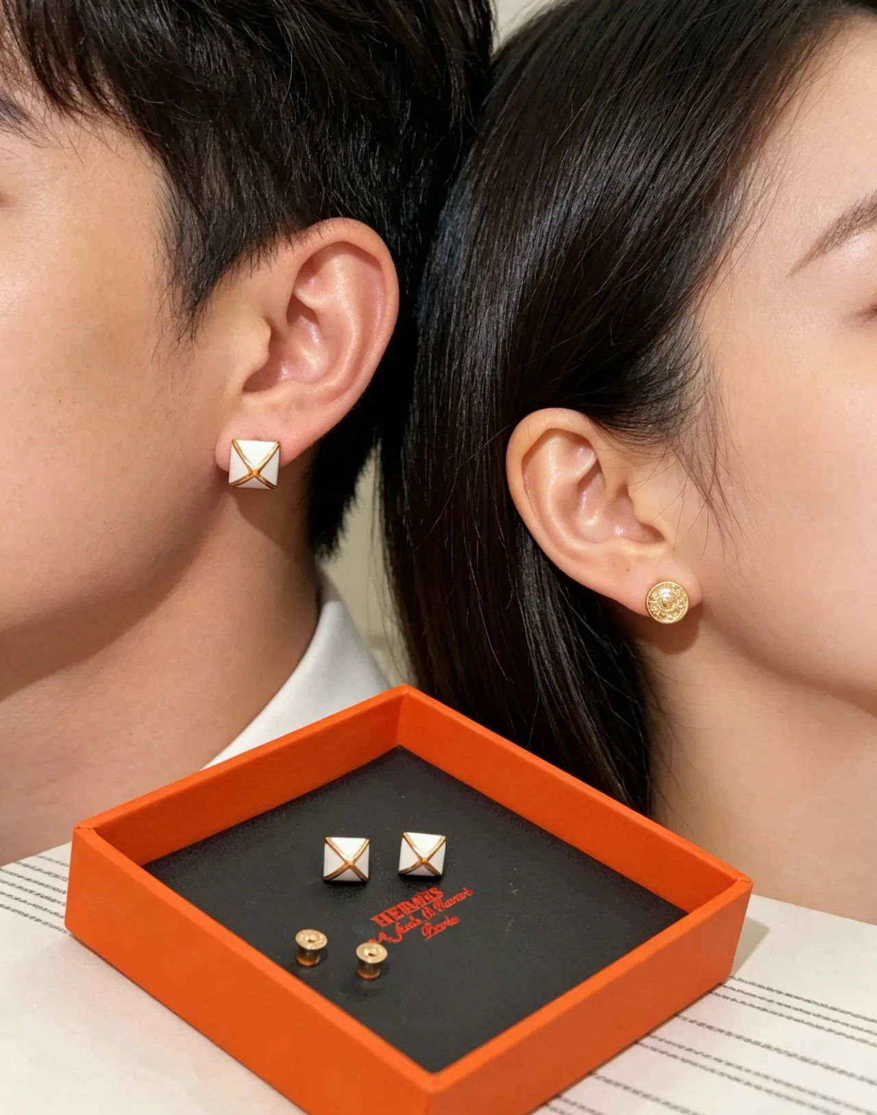 Hermès Collier de Chien White Gold Square Enamel X Motif Earrings