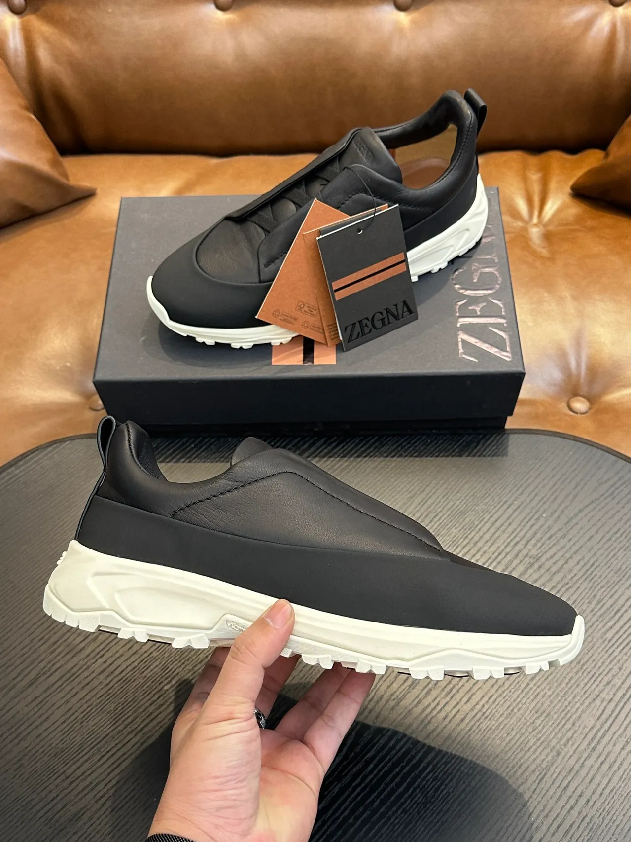 Zegna Black Leather Slip-On Lifestyle Sneaker