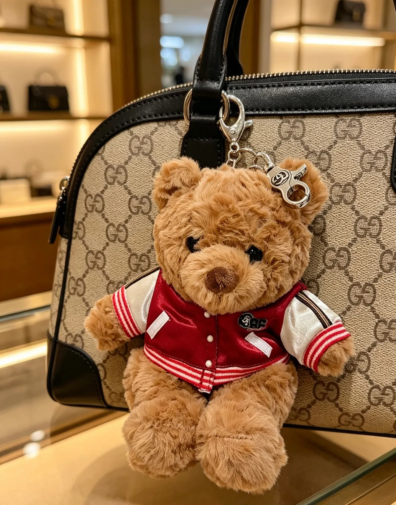 Gucci Brown Red Plush Teddy Bear Varsity Jacket Handbag