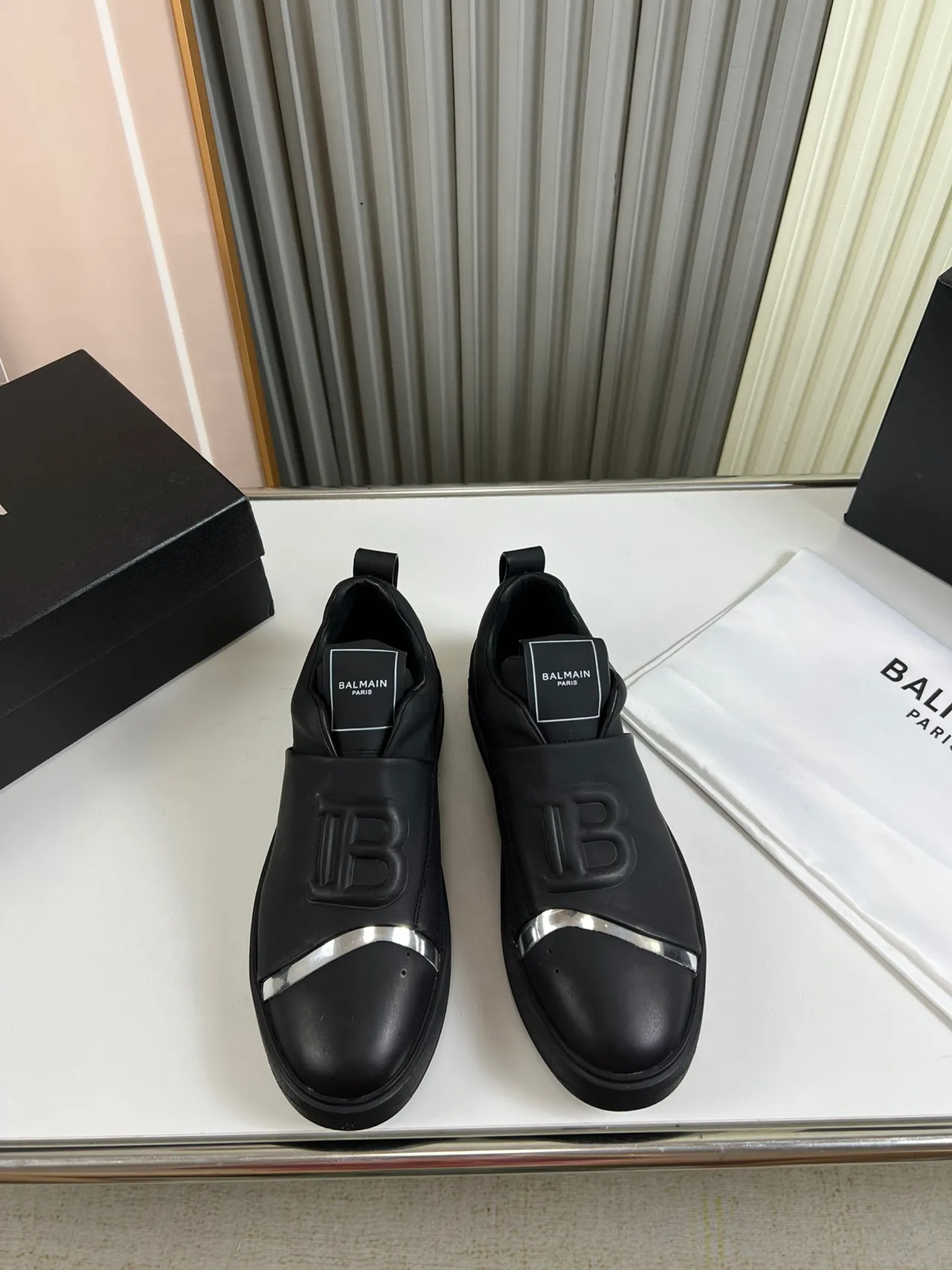 Balmain Black Silver Slip-On Leather Upper Lifestyle Sneakers