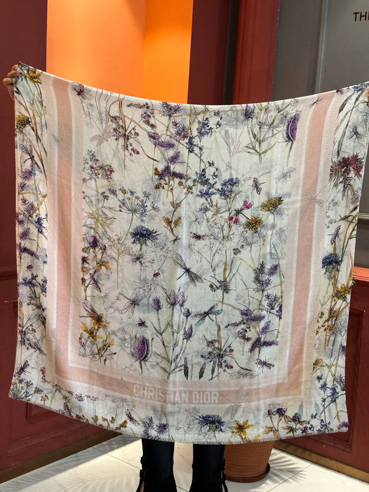 Beige Multicolor Botanical Print Sheer Lightweight Silk Scarf