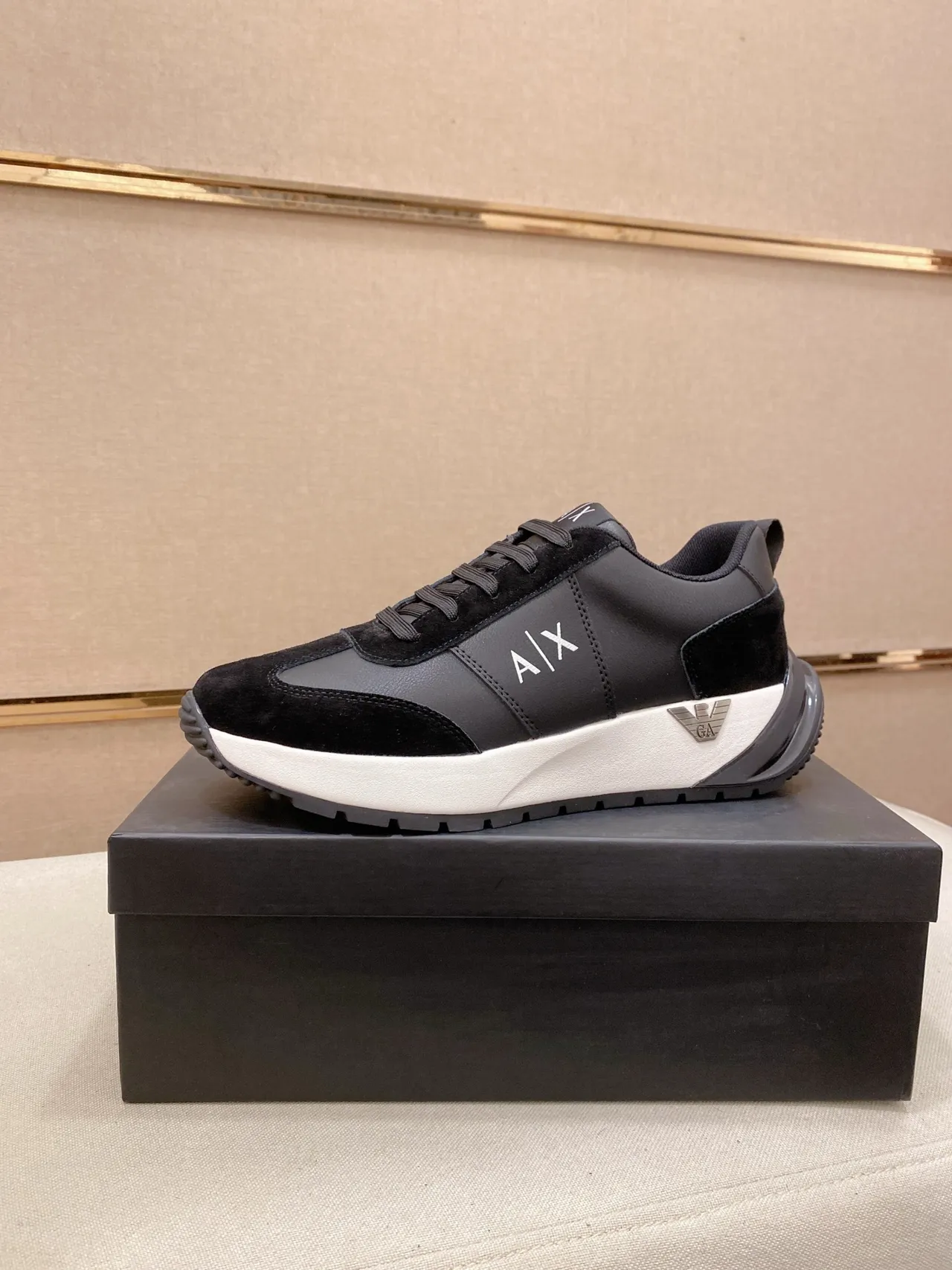 Armani Exchange Black Suede and Leather Platform Lifestyle Sneaker
