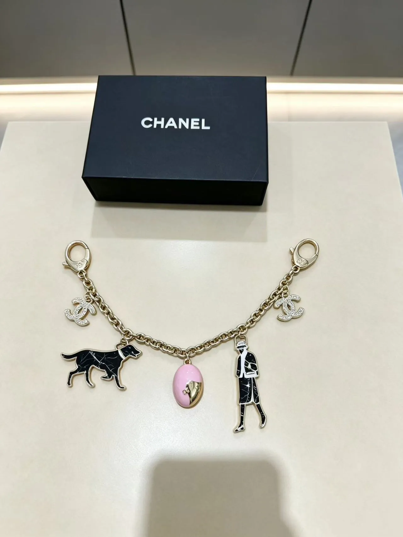 Chanel Charms Bag Charm Set Gold Tone Black White Pink Enamel Bracelets