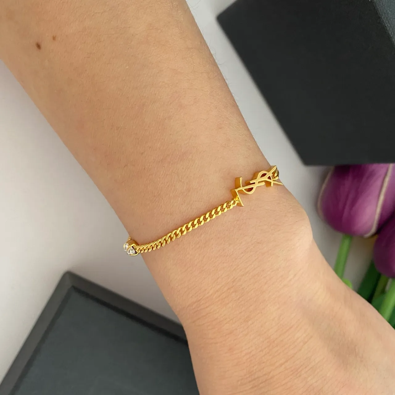 Saint Laurent Monogram Chain Silver Gold Charm Bracelet