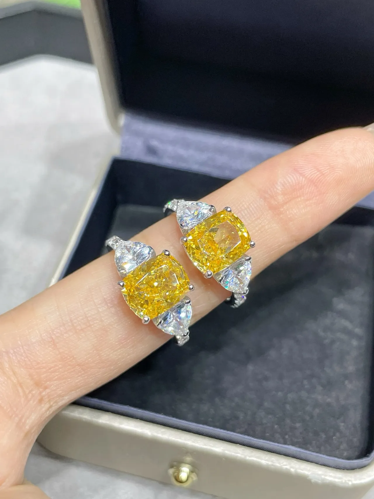 Three-Stone Cushion-Cut Yellow and White Gem Ring
