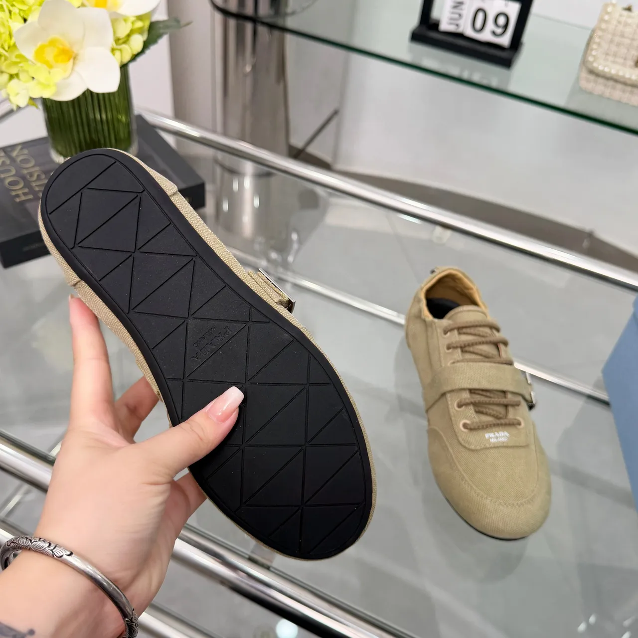 Prada Beige Black Upper C-Shaped Metal Buckle Strap Canvas Shoes