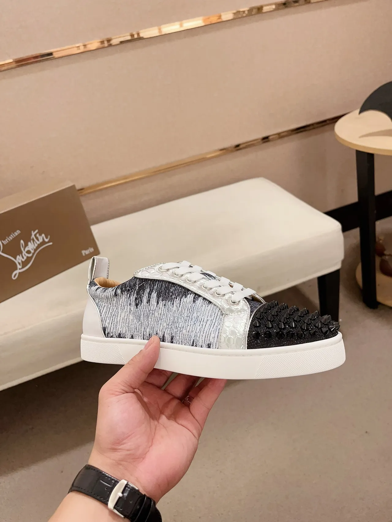 Christian Louboutin Black Blue Spiked Toe Cap Knit Gradient Upper Sneakers