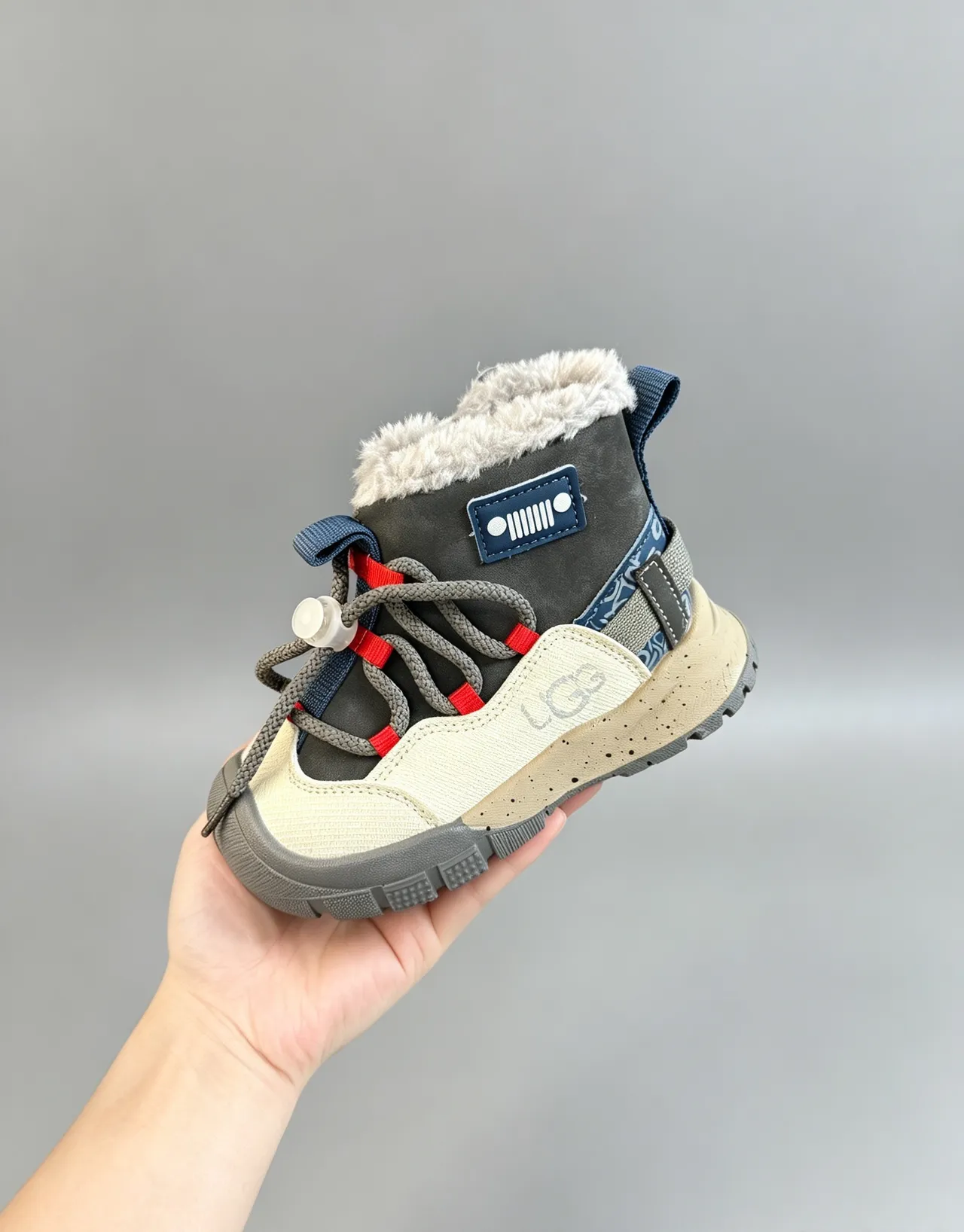 UGG Beige Gray Shearling-Lined Chunky Tread Sole Snow Boots
