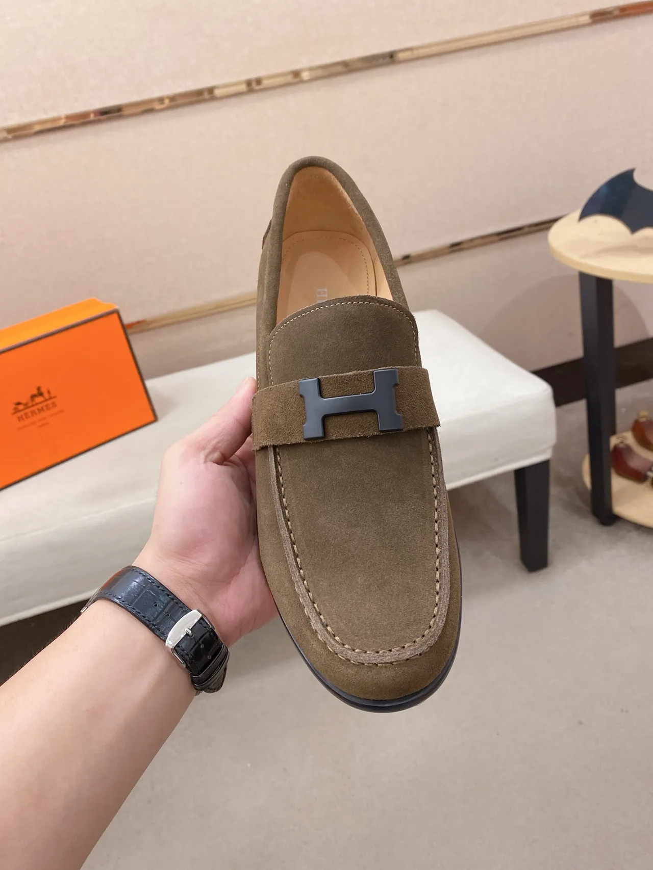 Hermès Oran Olive Green Suede H-Buckle Loafer